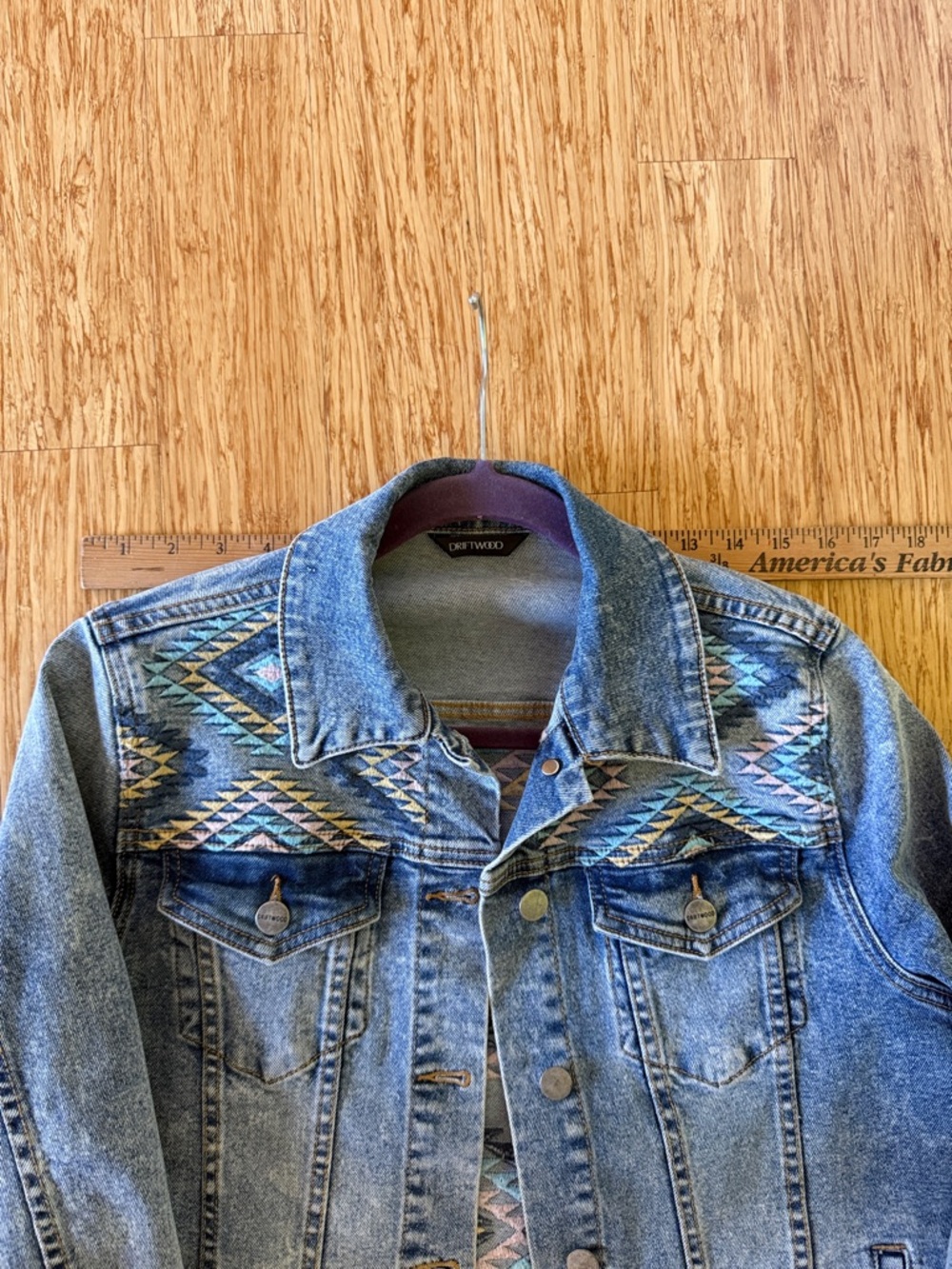 DRIFTWOOD Blue Denim Jacket with Multicolor Aztec Detail Small - Picture 6 of 9